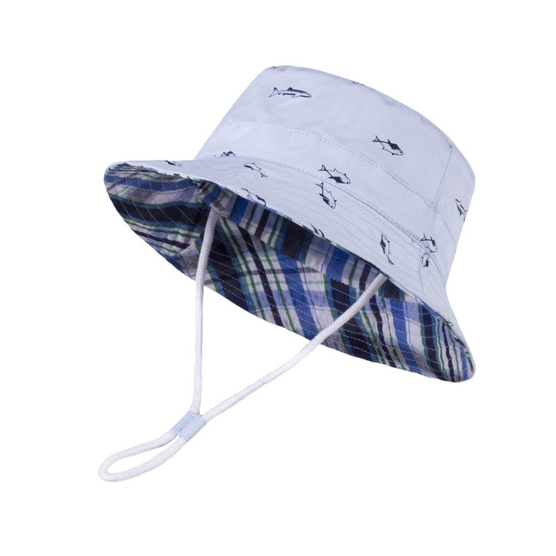 LANGZHEN Sun Protection Hat for Kids Toddler Boys Girls Wide Brim Summer Outdoor hat Cotton Baby Bucket Hat with Chin Strap (Light Blue - Fish, S: 6M-12M (48cm /18.9")) - Image 1